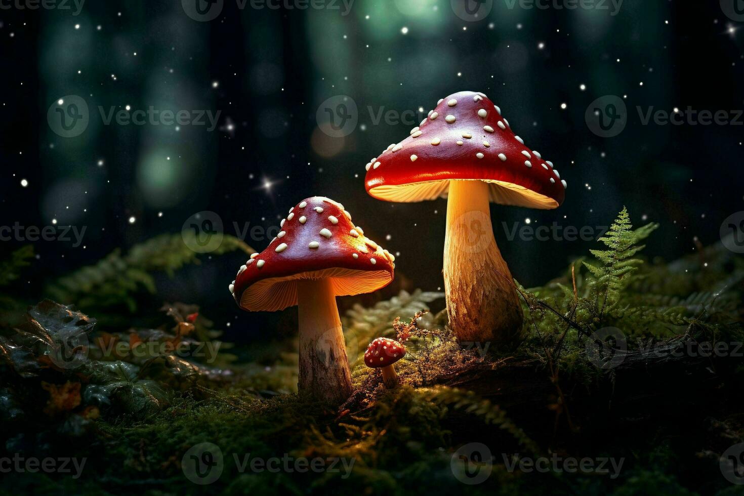 Mushrooms in the forest at night.Generative AI photo