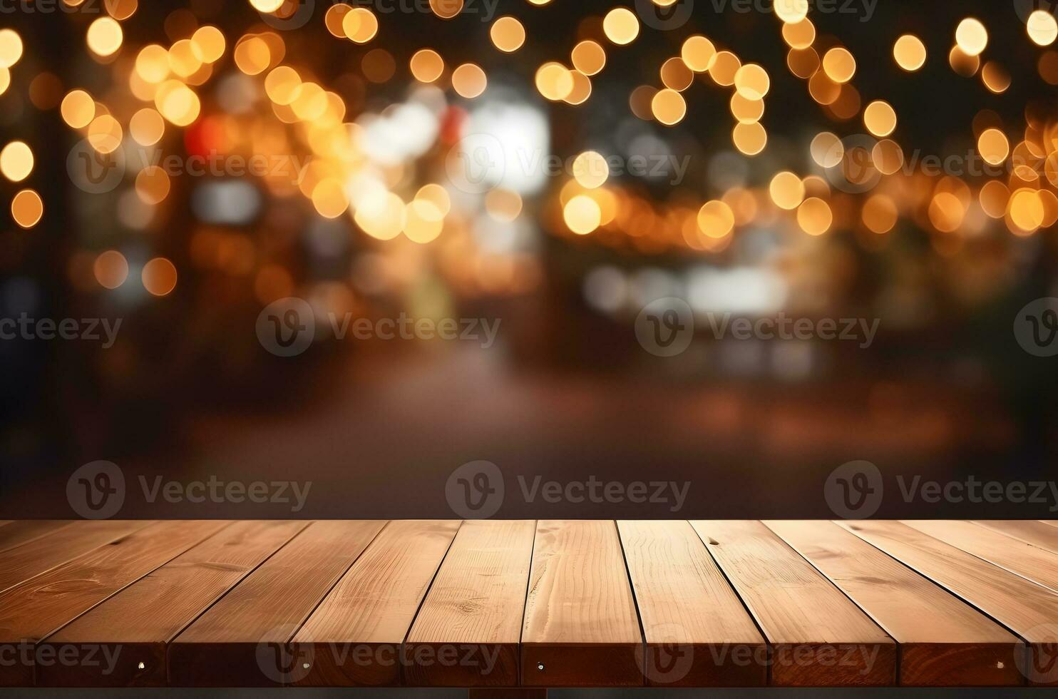 Empty wooden table and bokeh lights blurred outdoor cafe background. Generative AI. photo