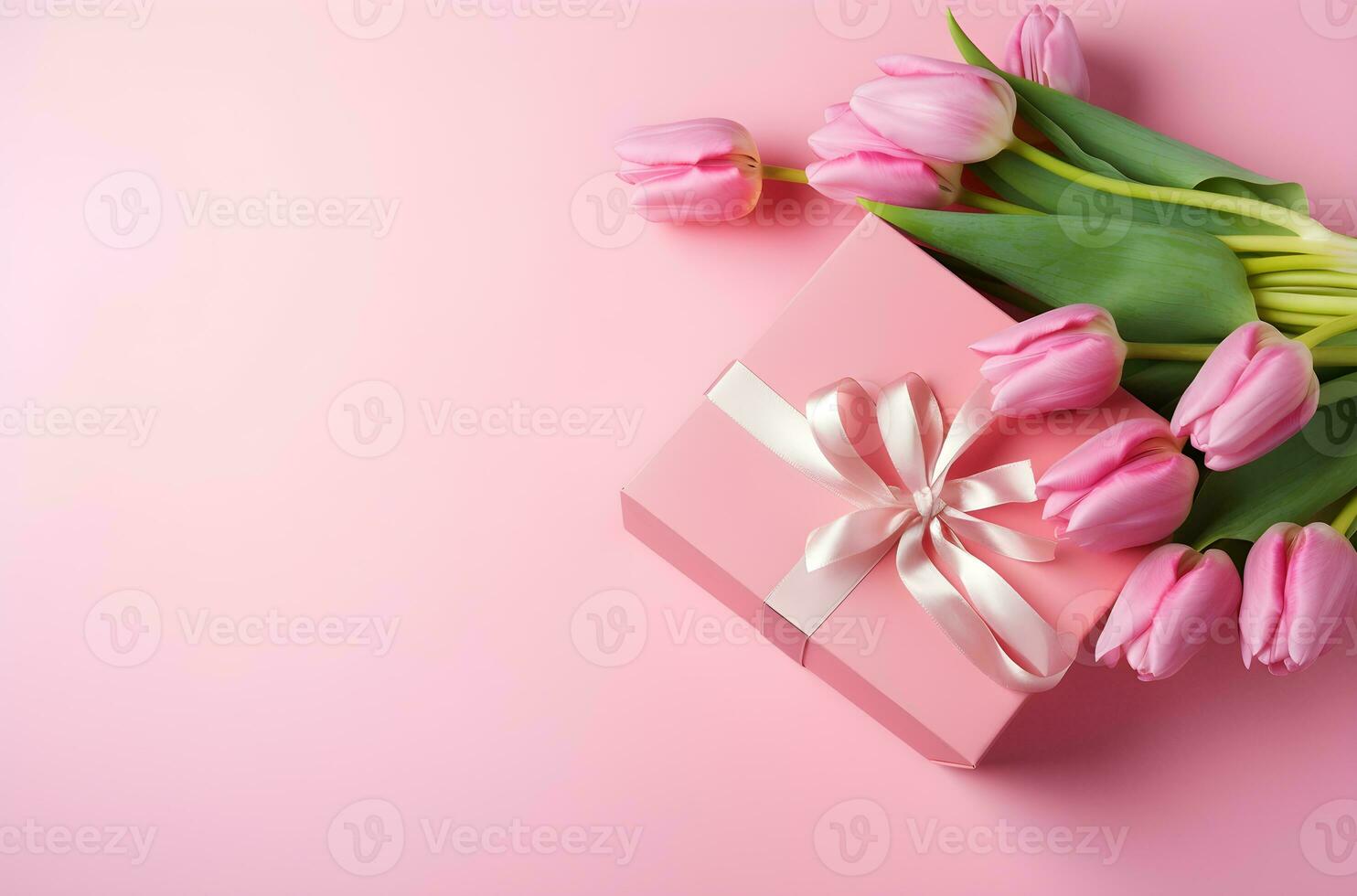 Bouquet of pink tulips and gift box on pink background.Generative AI. photo