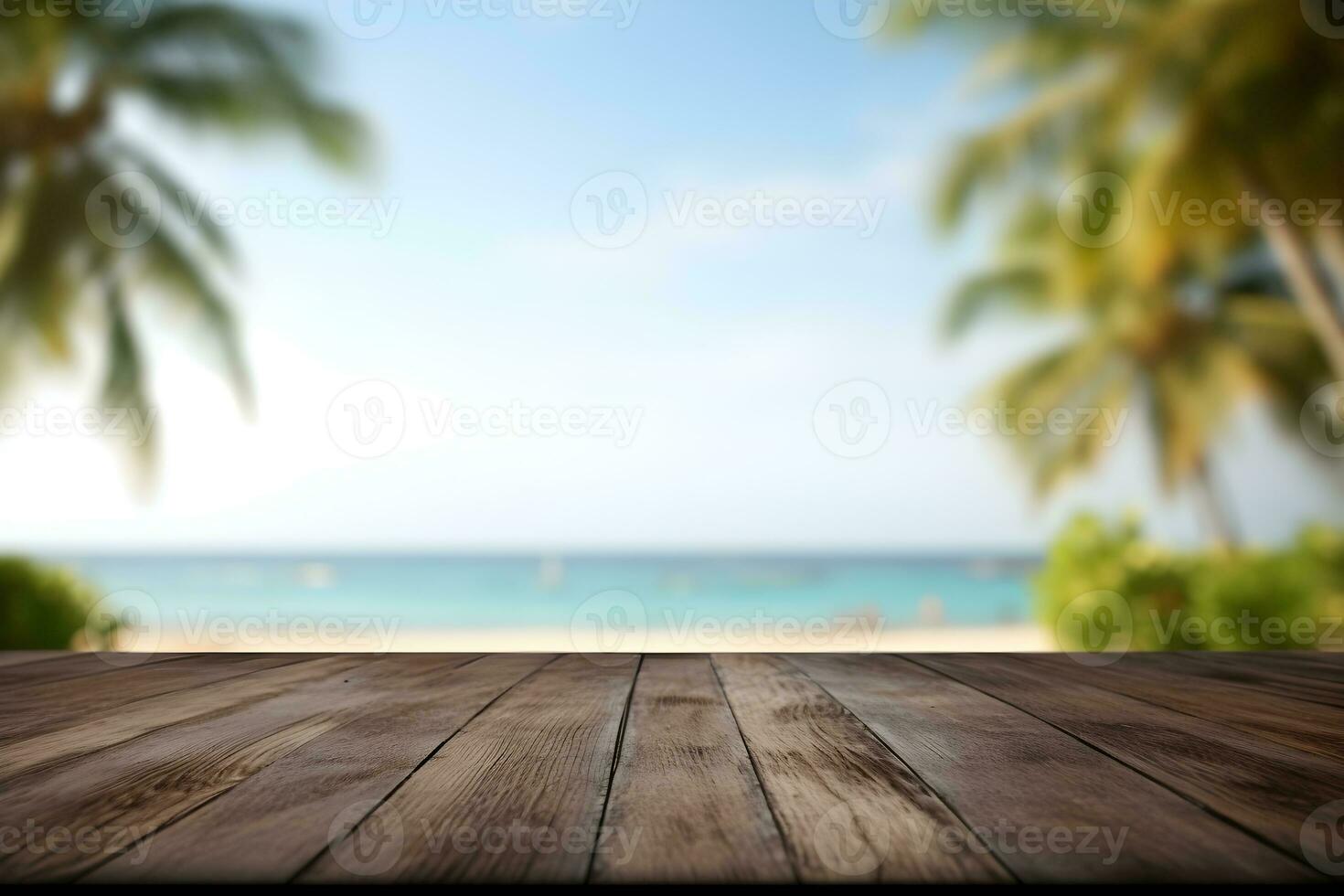 Empty black table top and blur tropical beach of the Background. For product display.Generative AI. photo