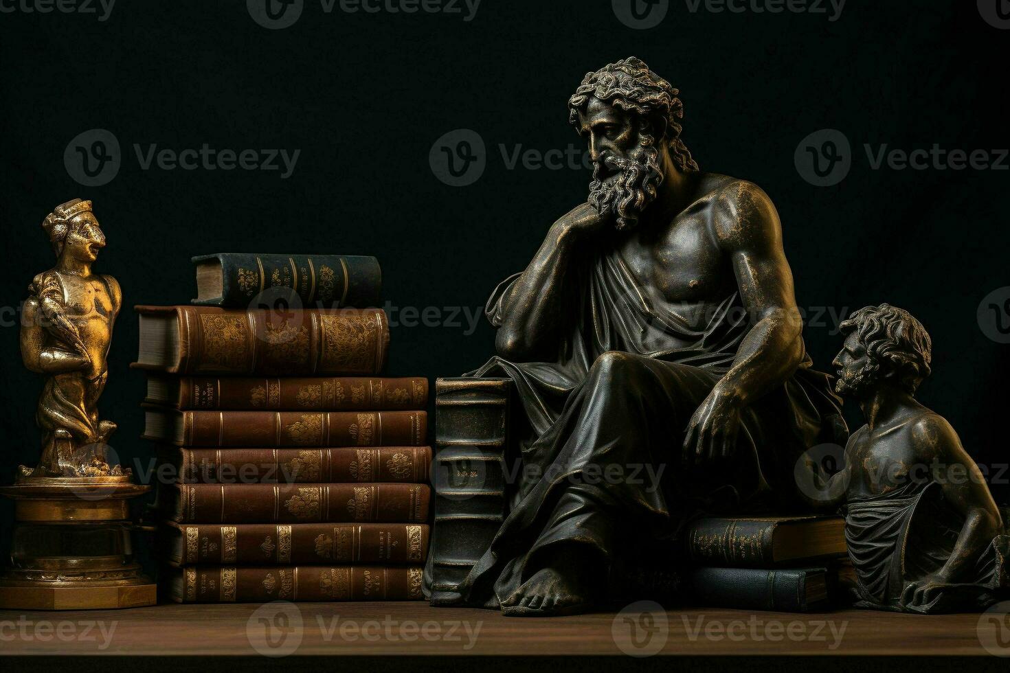 Academia vintage library greek sculpture old books.Generative AI photo