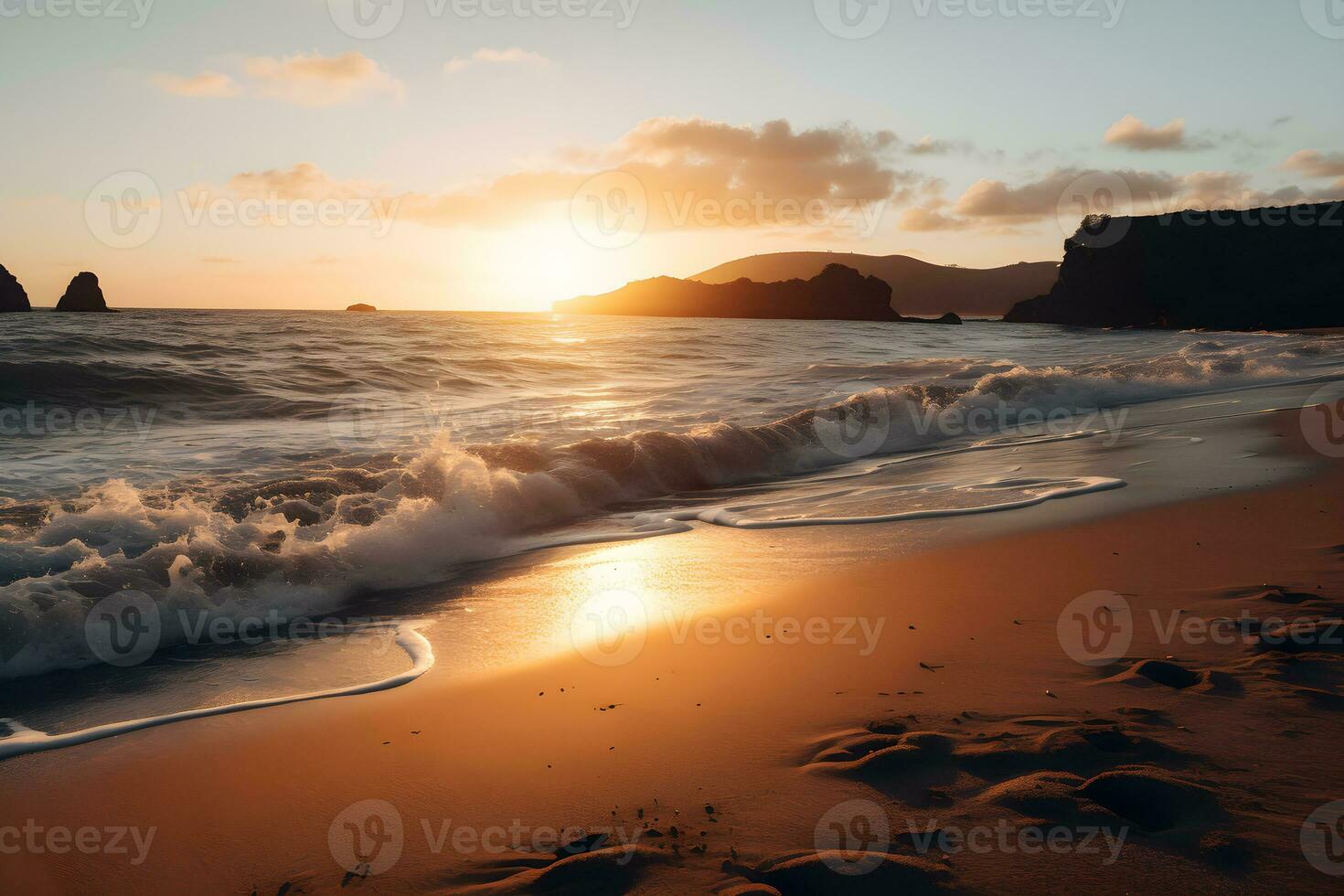 Beach during the golden hour. Generative AI. photo