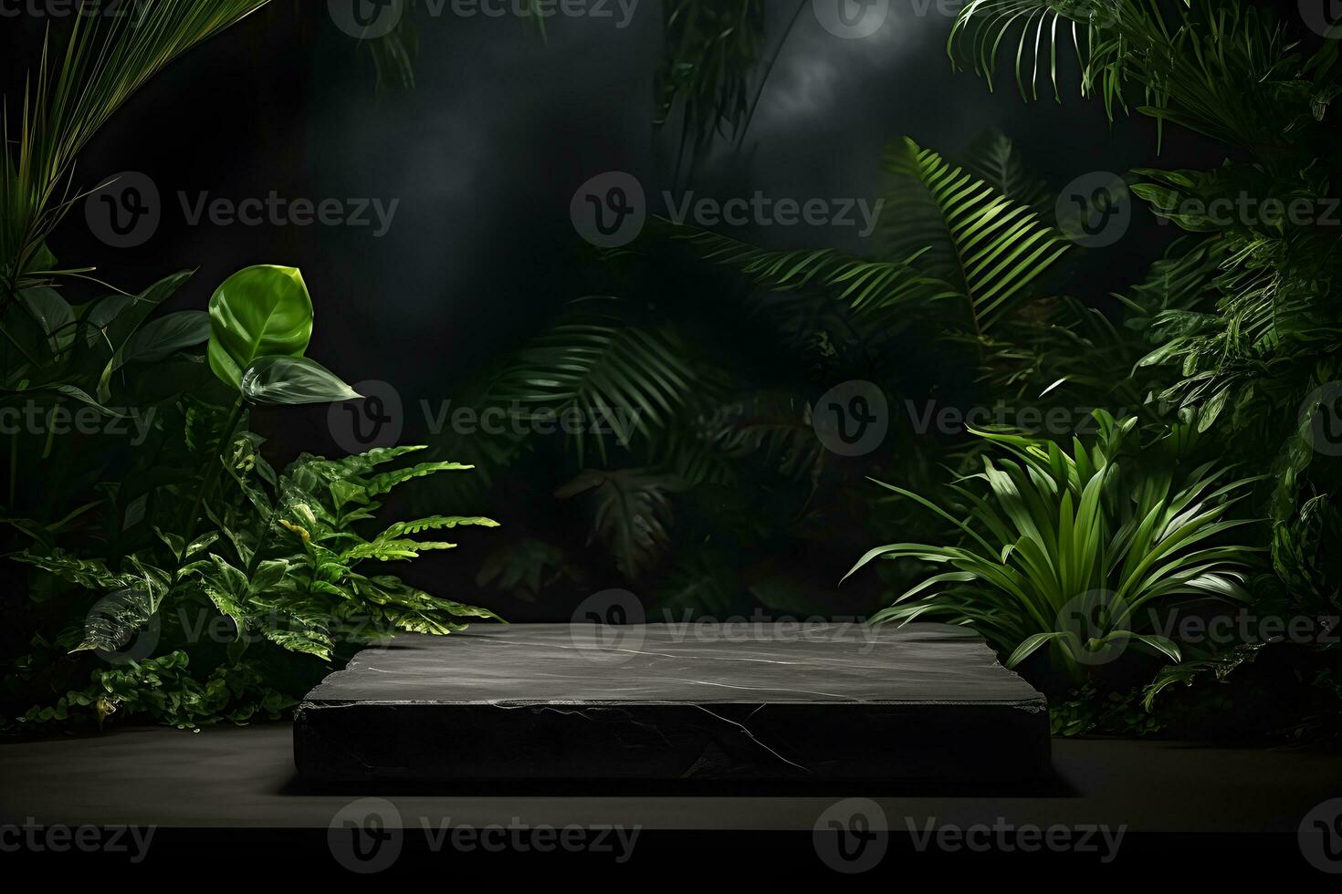 Empty black stone platform with tropical plants on dark background.Generative AI. photo
