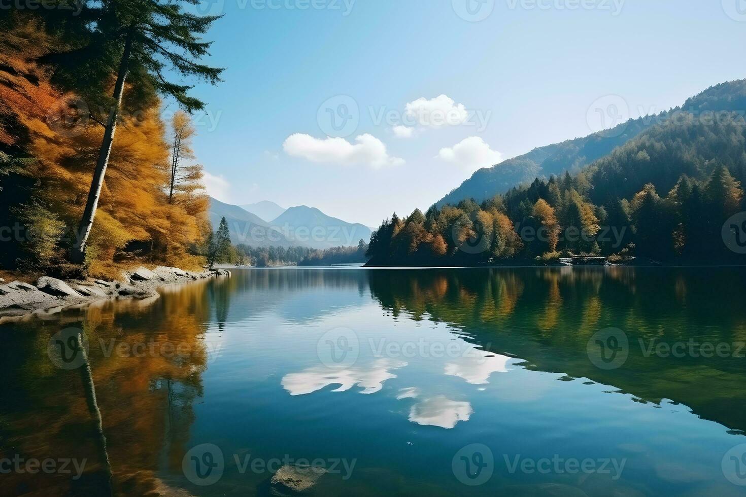 Beautiful autumn mountain nature lake with blue sky. Generative AI. photo