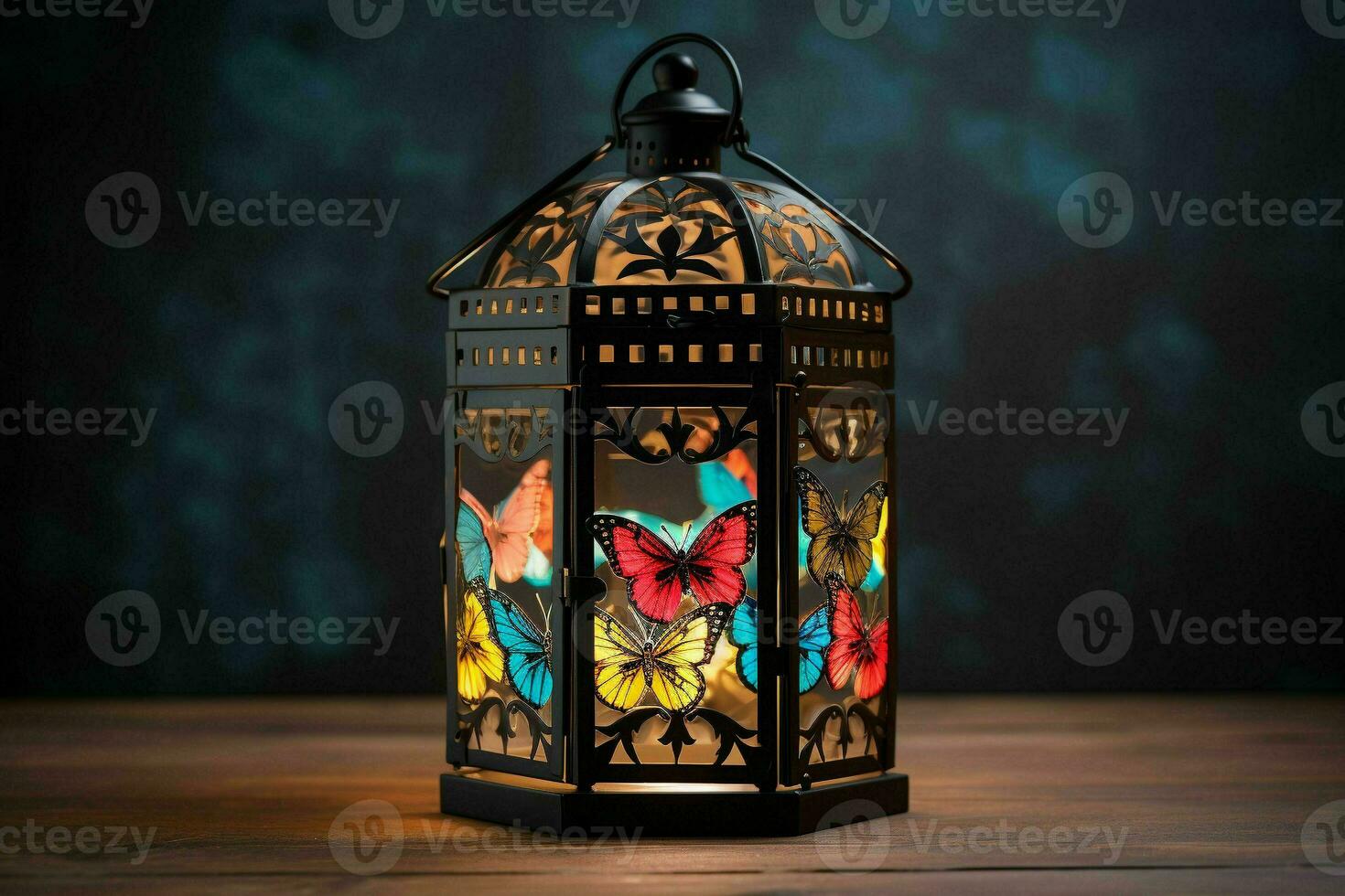 Vintage lantern with colorful butterflies.Generative AI photo