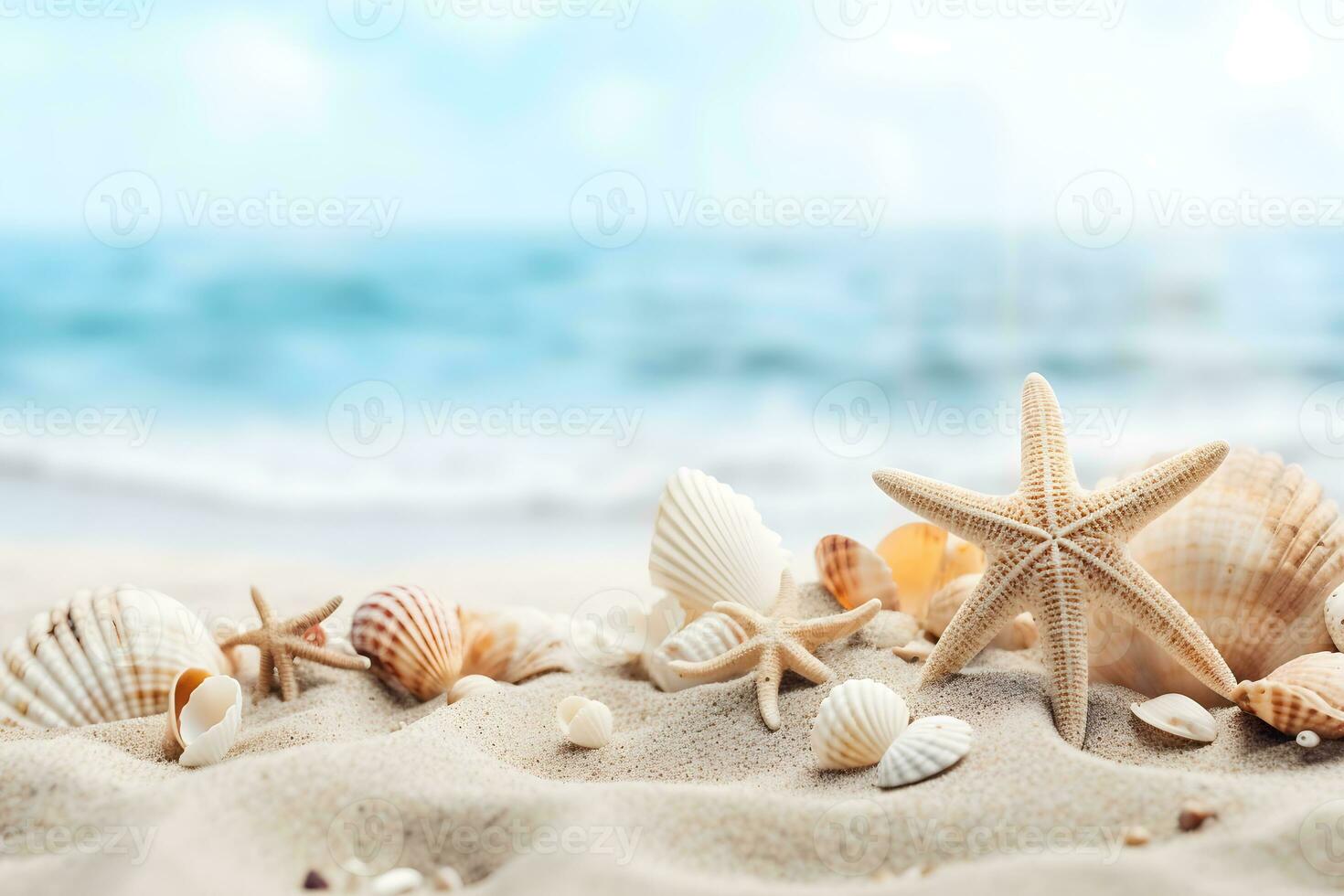 Beach Sea themed with beautiful shells, corals and starfish on pure white sand, summer concept. Generative AI. photo