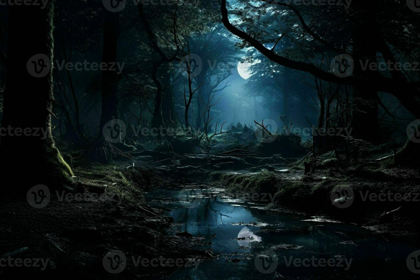 Dark forest at night in moon light.Generative AI photo