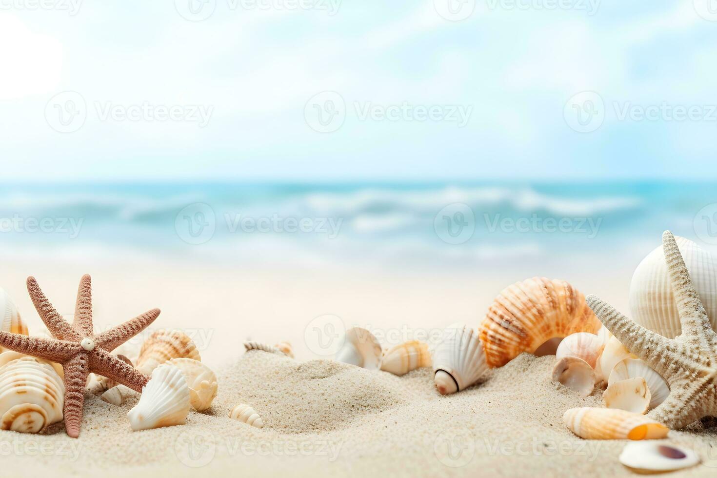 Beach Sea themed with beautiful shells, corals and starfish on pure white sand, summer concept. Generative AI. photo