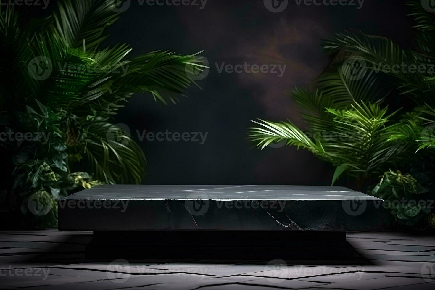 Empty black stone platform with tropical plants on dark background.Generative AI. photo