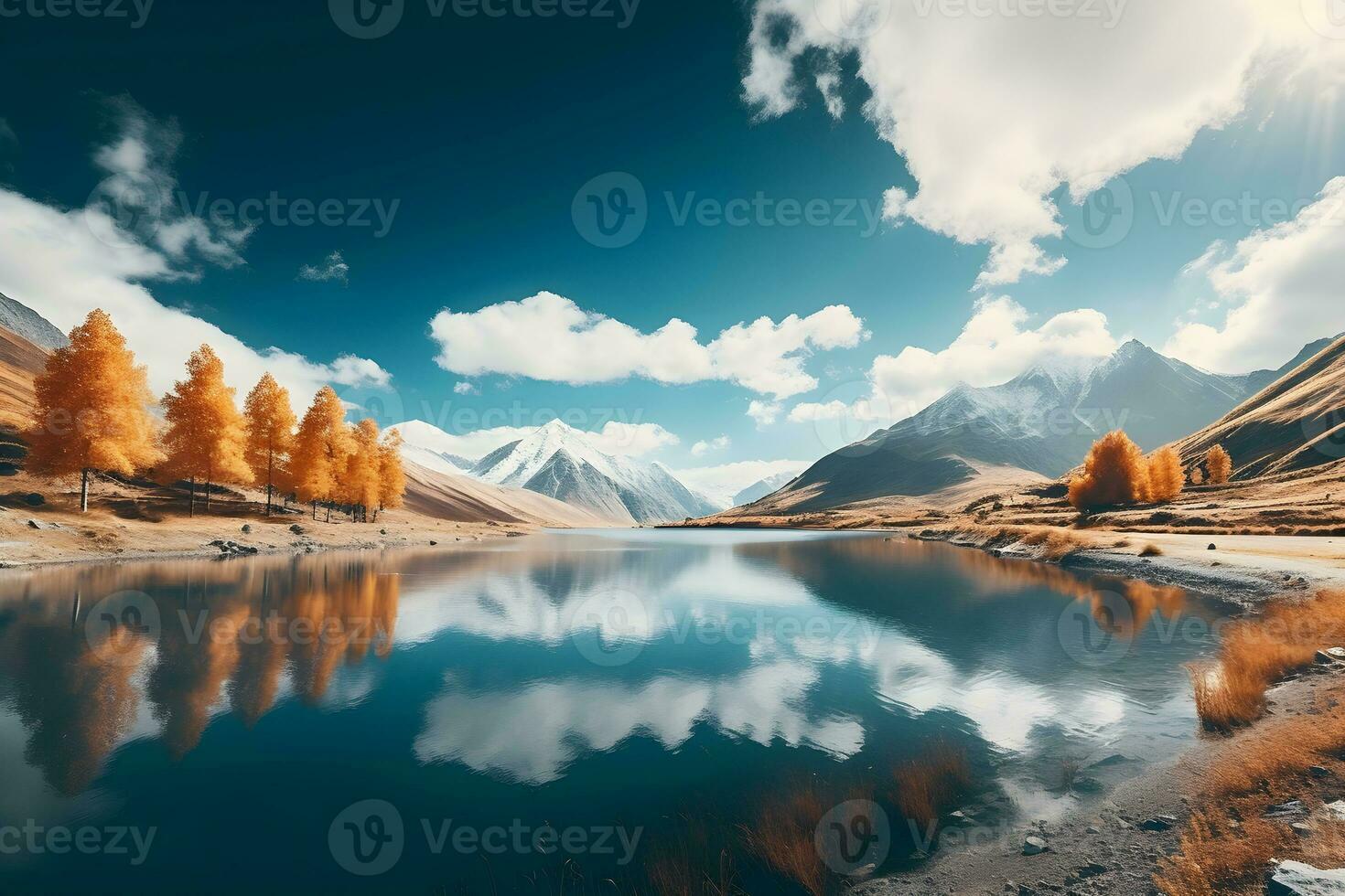 Beautiful autumn mountain nature lake with blue sky. Generative AI. photo