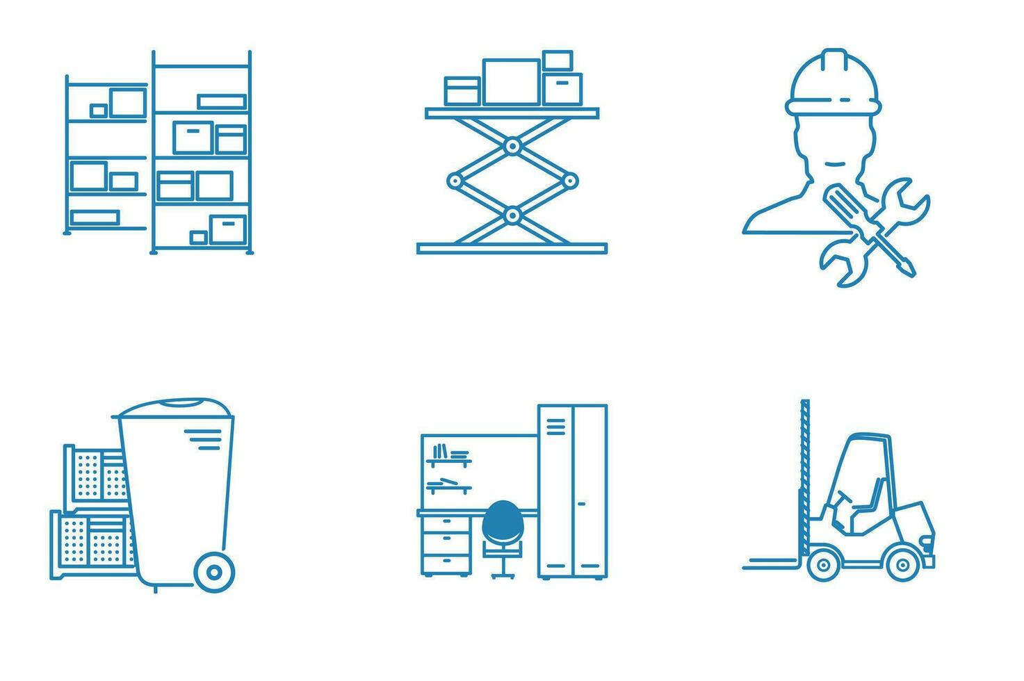 Set of outline illustrations of racks, lifting racks, plastic containers, warehouse truck vector