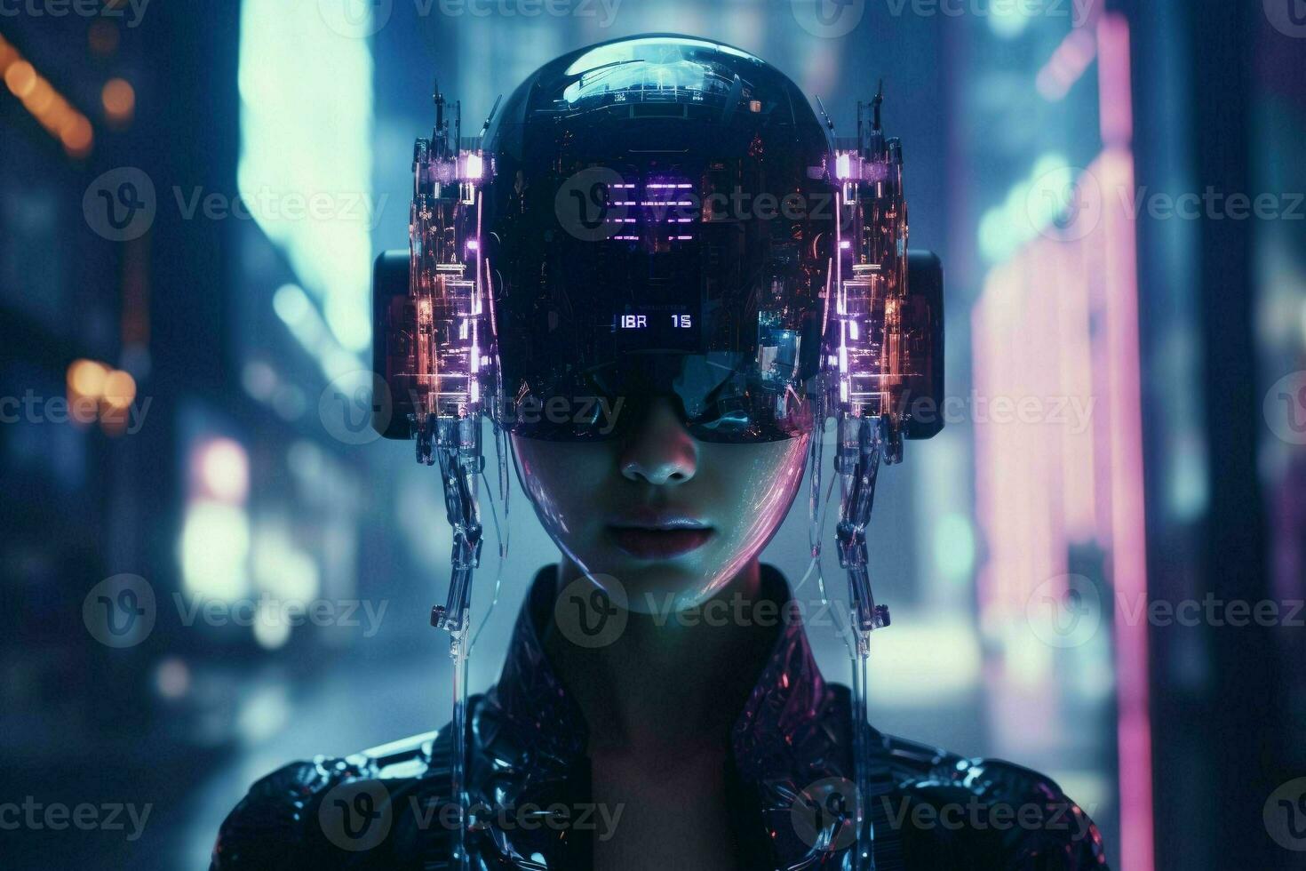 Holographic Faceless program Cyberpunk.Generative AI photo