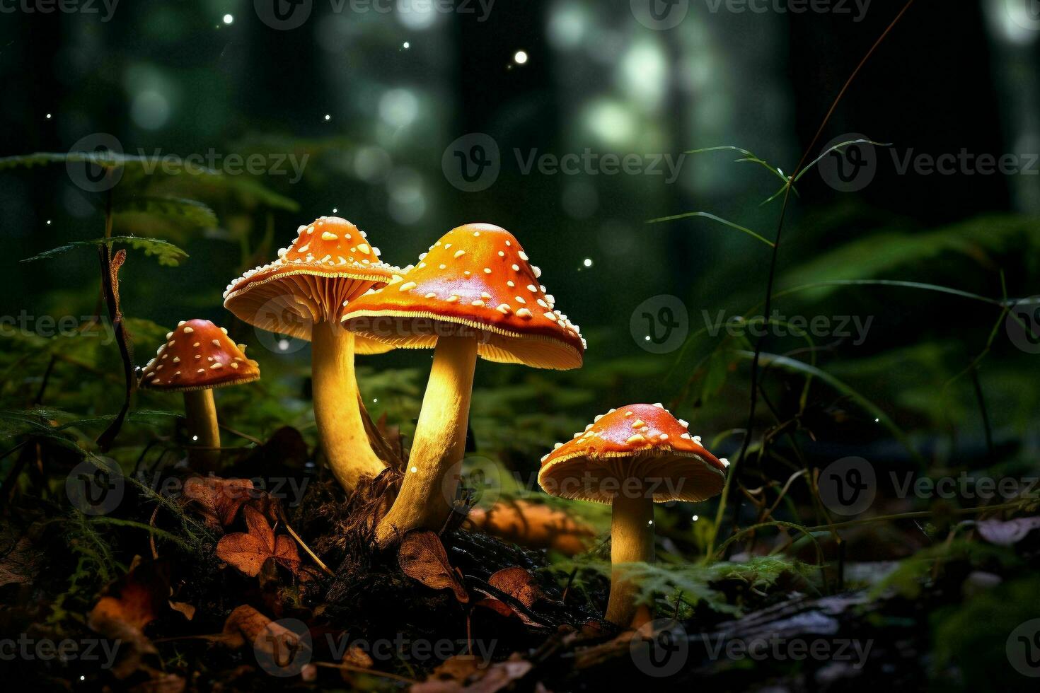 Mushrooms in the forest at night.Generative AI photo