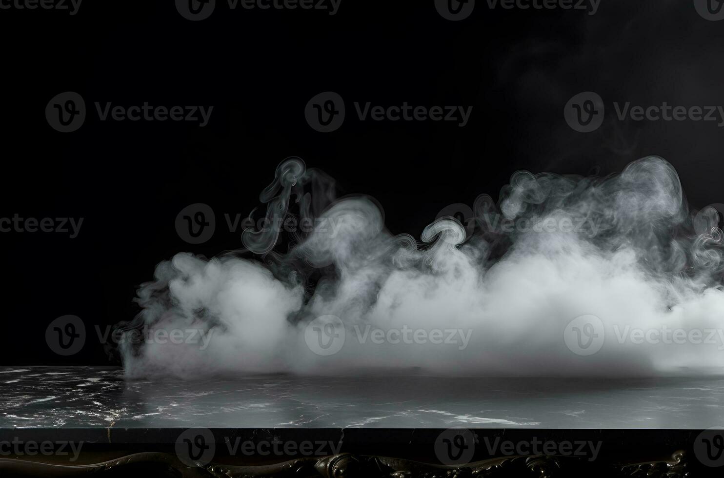 Empty marble table with smoke on black background.Generative AI. photo