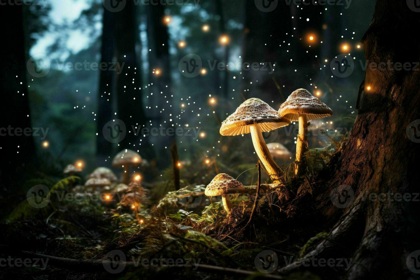 Mushrooms in the forest at night.Generative AI photo