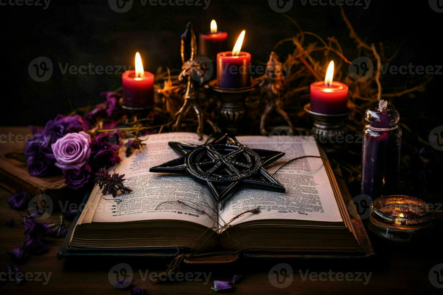 antiguo libro con magia hechizos velas y pentagrama en bruja tabla.generativa ai foto