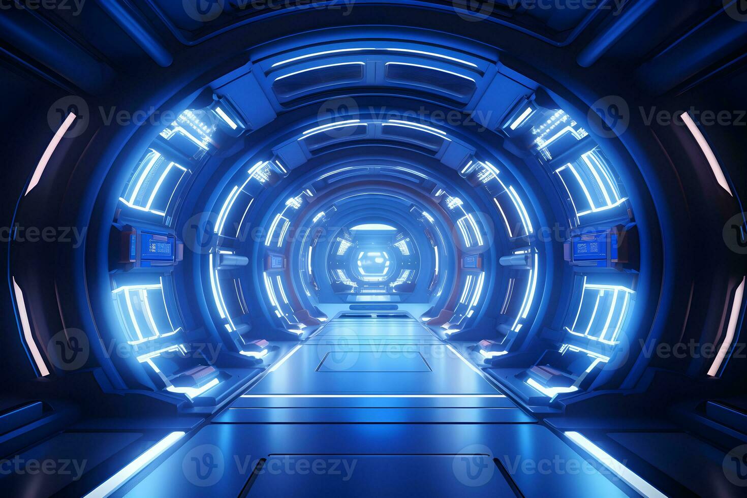 Futuristic corridor with glowing blue neon lights.Generative AI. photo