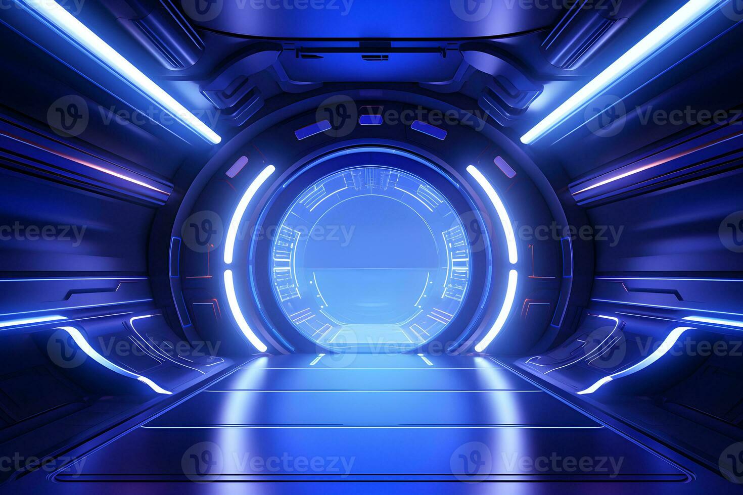 Futuristic corridor with glowing blue neon lights.Generative AI. photo