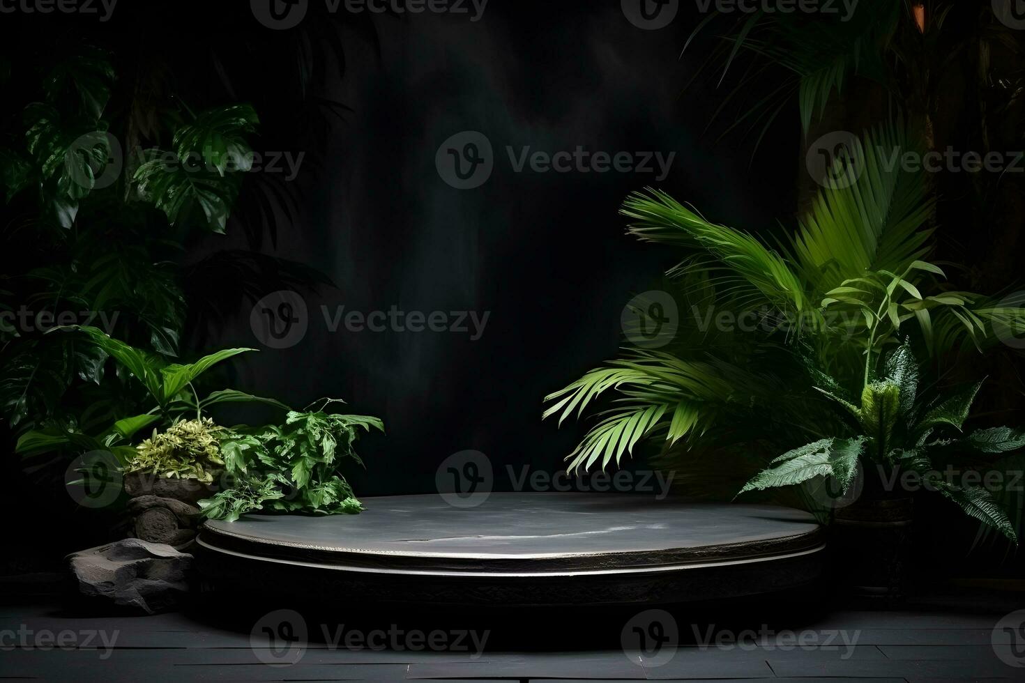 Empty black stone platform with tropical plants on dark background.Generative AI. photo