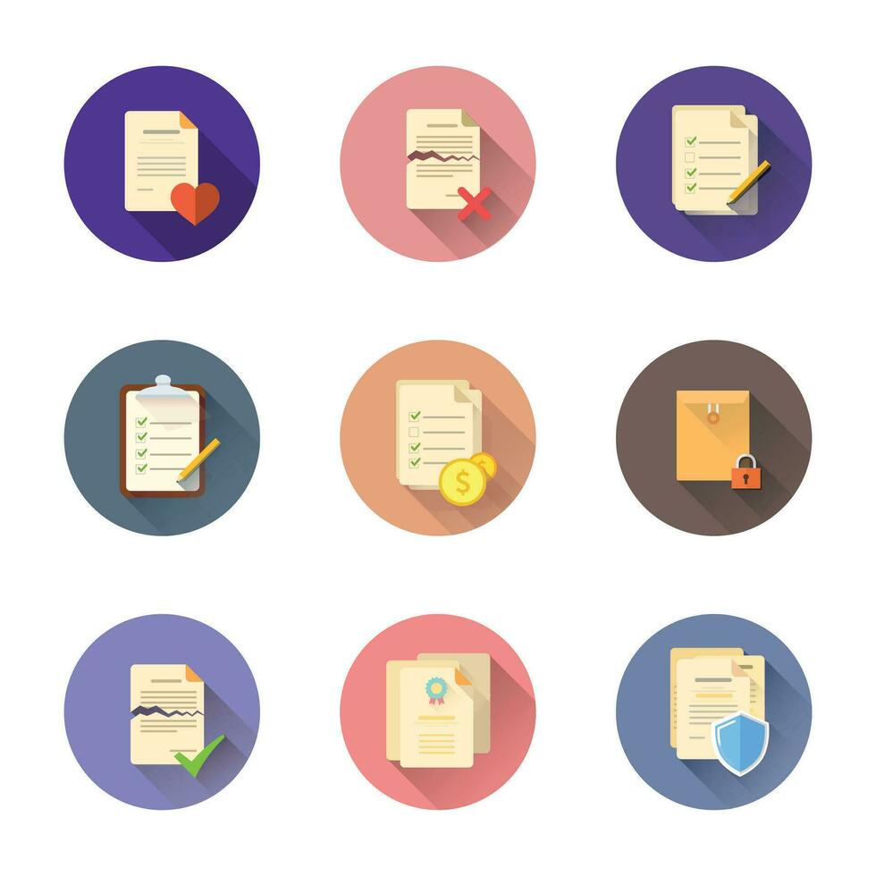 Set of flat business icons of document management, document protection and agreements vector