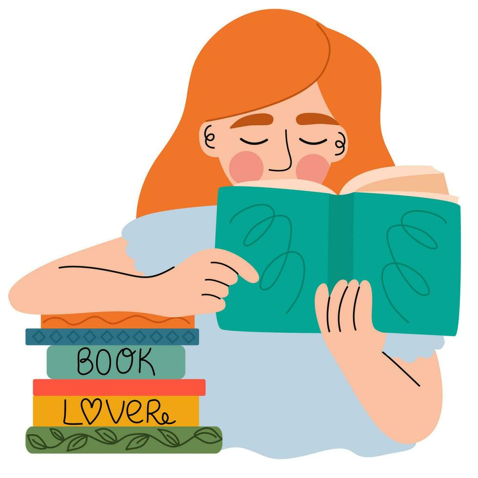 Girl, woman reading a book. Read books lover. Relaxing time to reading. vector