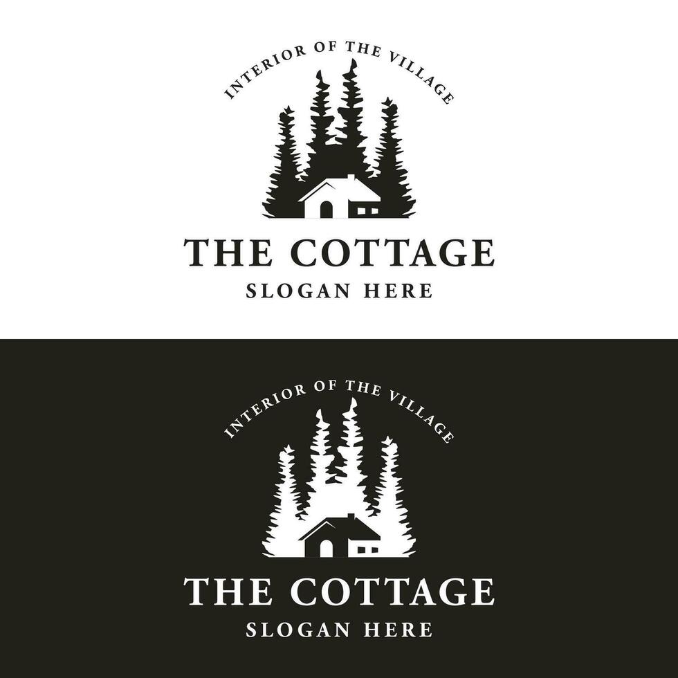 Vintage rustic cabin or cottage logo template design with forest and mountain view. vector