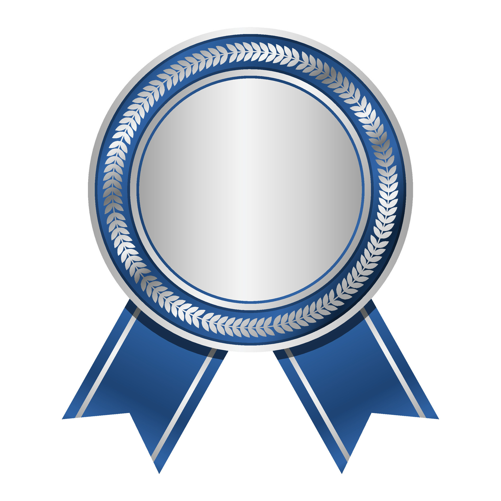 Silver medal with blue ribbon. Silver badge with blue ribbon. Blank