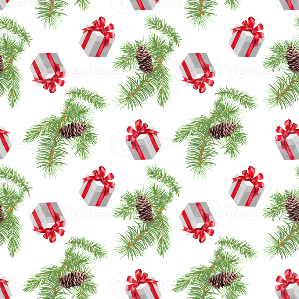 Fir branch, pine cone, gift. Christmas seamless pattern isolated on white background. Design element for greeting cards, invitations, wrapping paper, textiles, covers. png