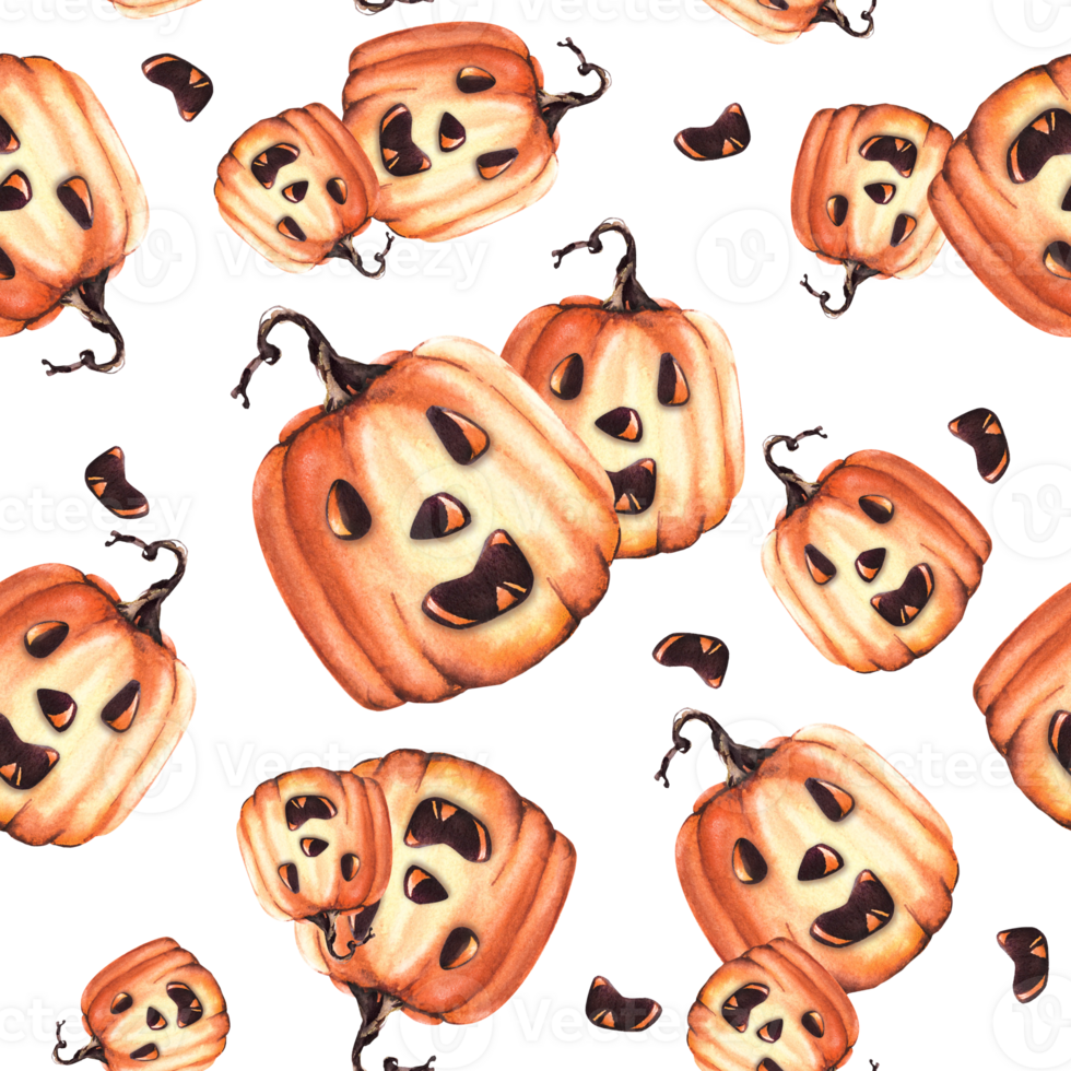 Smiling pumpkins with halloween face, eyes, nose, stem Watercolor seamless pattern. Great for your design, wrapping paper, holiday party, decoration textile, wallpaper png