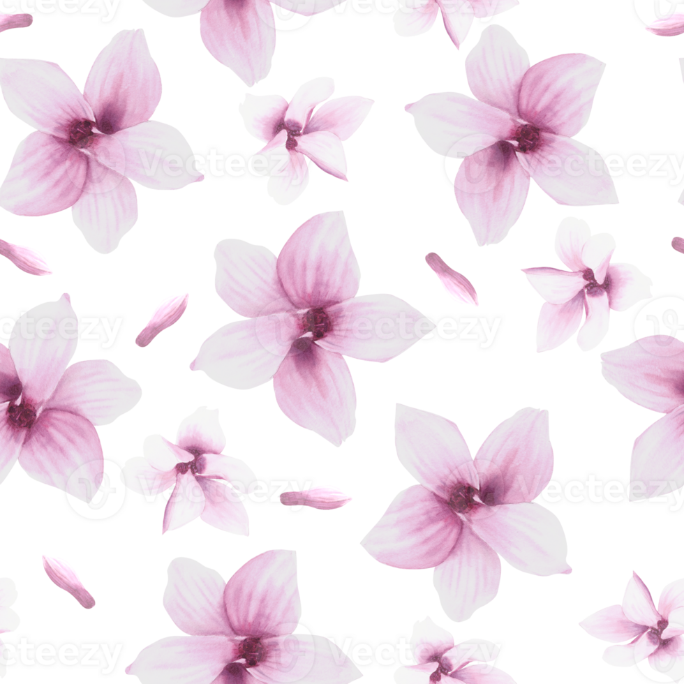 Magnolia pink flower, leaves, bough seamless pattern. Watercolor hand drawn Illustration. Floral repeating design for your print, textile wrapping wallpaper cover, carpets, fabrics png