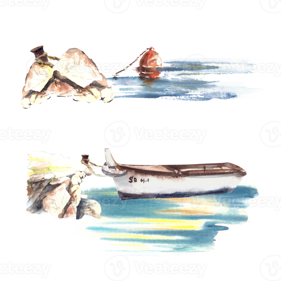 Watercolor hand-drawn maritime illustration set. Fishing boat and red buoy at sea with reflection, tied to stone pier. Nautical design kit for cards, invitation, poster png