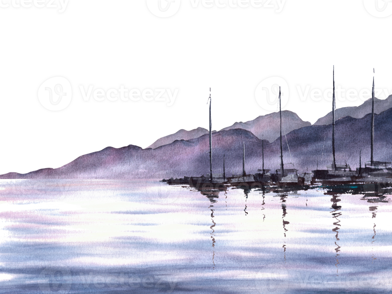 Adriatic sea watercolor landscape with silhouette of mountains, port, yachts, fishing boats and sea buoys with reflection. Hand drawn illustration. For your banner, flyer, brochure, postcard. png