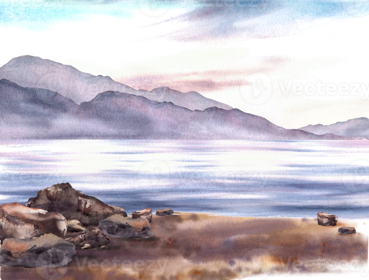 Nautical watercolor landscape. Adriatic seascape with sunset, mountain silhouettes, coastal sandy beach, stones. Hand drawn  illustration for your postcards, printing, poster, wallpaper design png