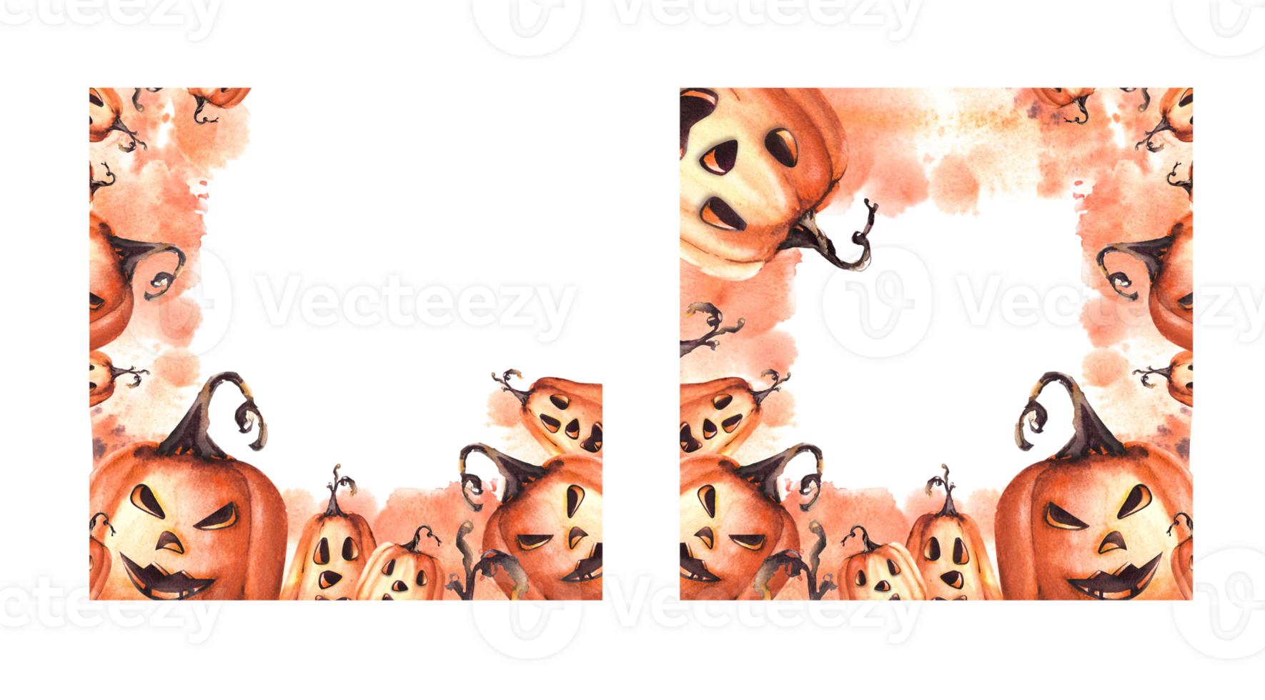 Happy Halloween pumpkin scary face. Square frame Set with orange