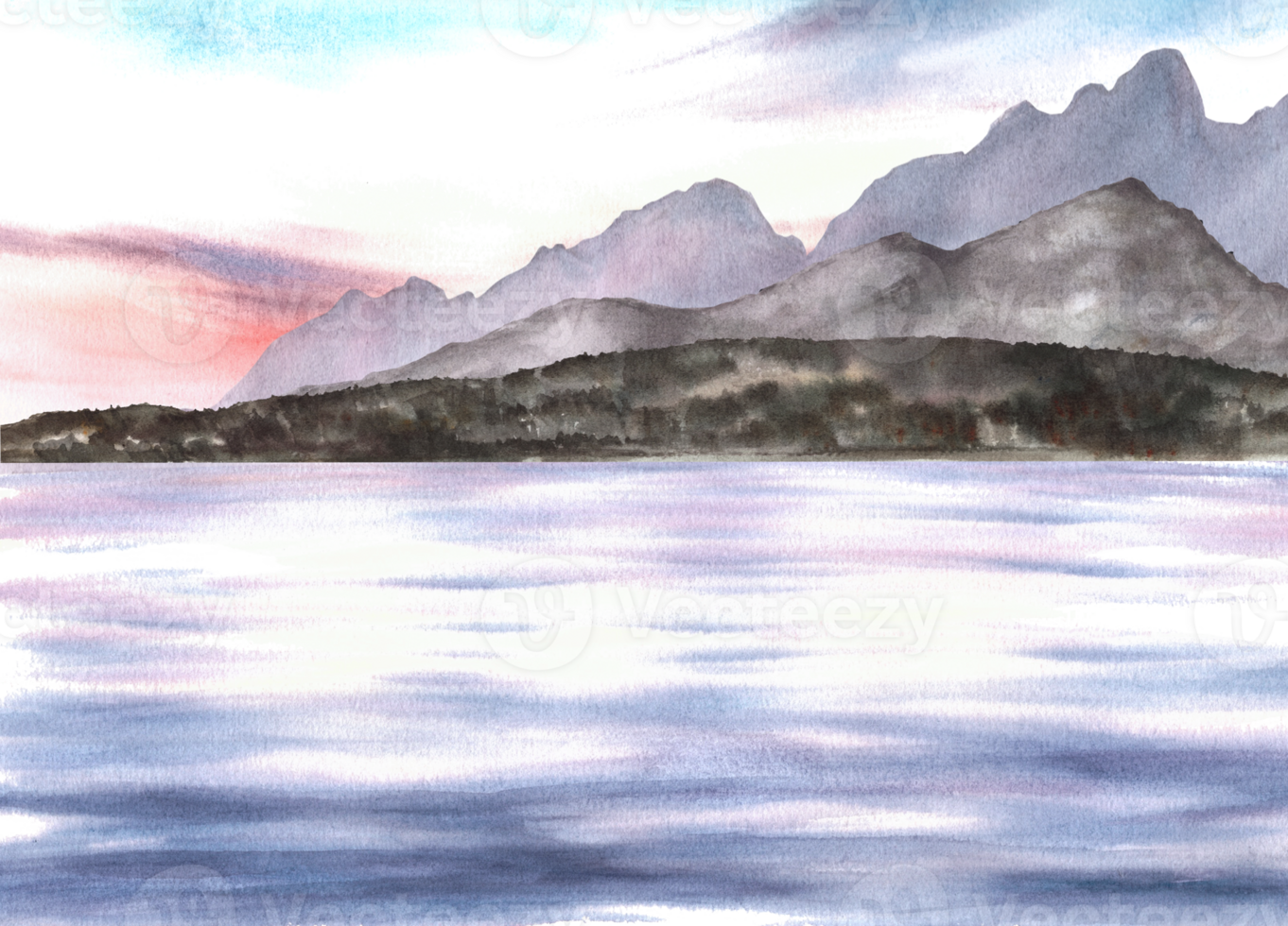 nautische waterverf landschap. adriatisch zeegezicht met zonsondergang lucht, berg silhouetten en zee reflectie. hand- getrokken illustratie. voor ansichtkaarten, afdrukken, poster, foto behang ontwerp. png