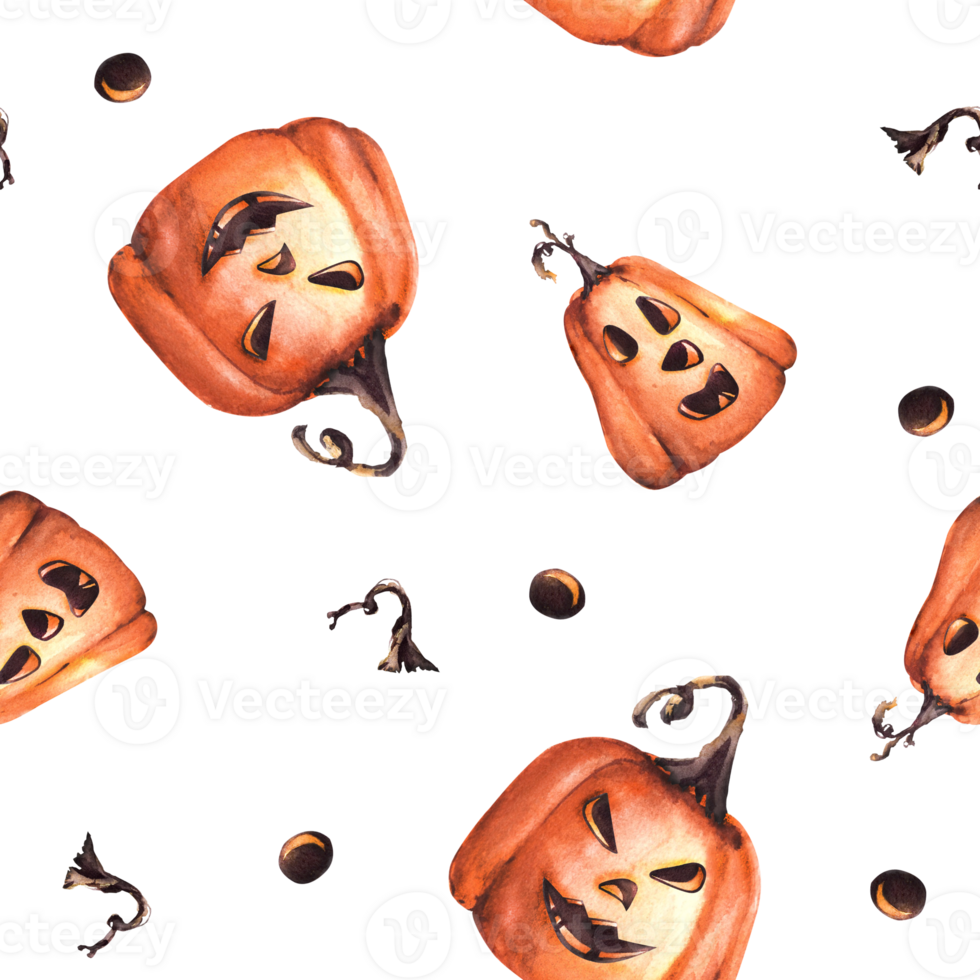 Smiling pumpkins with halloween face, eyes, nose, stem Watercolor seamless pattern. Great for your design, wrapping paper, holiday party, decoration textile, wallpaper png