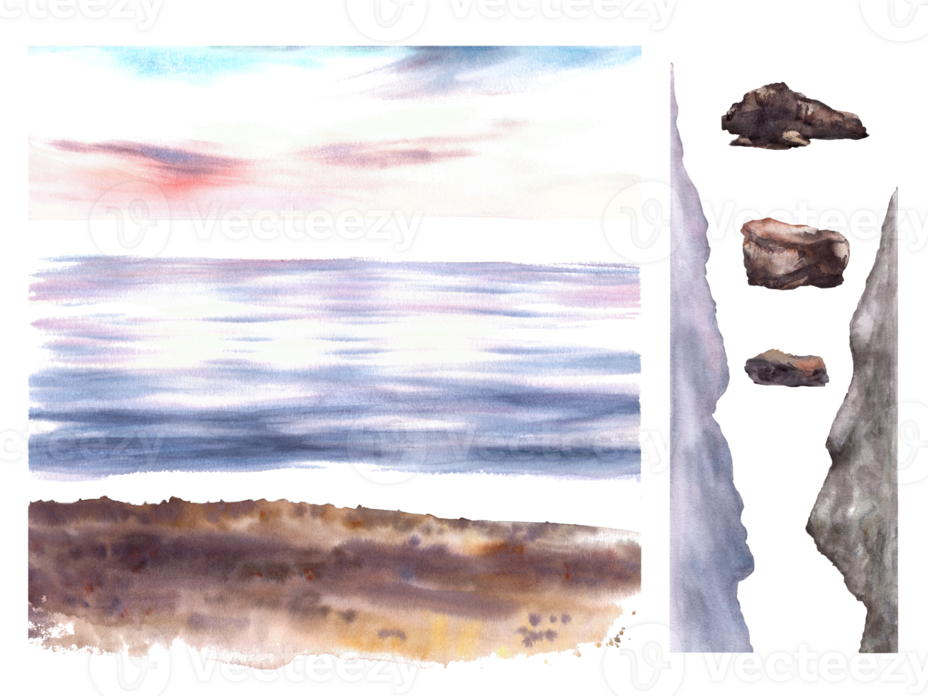 Watercolor seascape constructor assemble yourself.Details of the sea, sky, silhouettes of mountains, shore with sand, stones. Hand painted illustration. parts of landscape for cards, posters. png