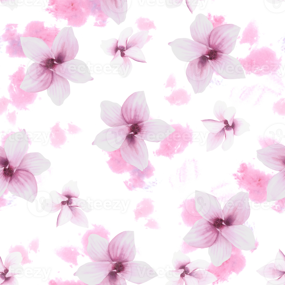 Magnolia pink flower, leaves, bough seamless pattern. Watercolor hand drawn Illustration. Floral repeating design for your print, textile wrapping wallpaper cover, carpets, fabrics png