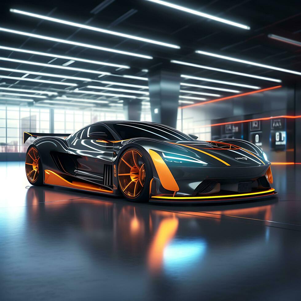 A Colorful Racing Car in the garage Rendering the future photo