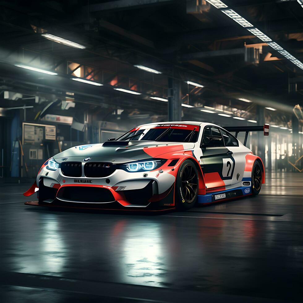 A Colorful Racing Car in the garage Rendering the future photo