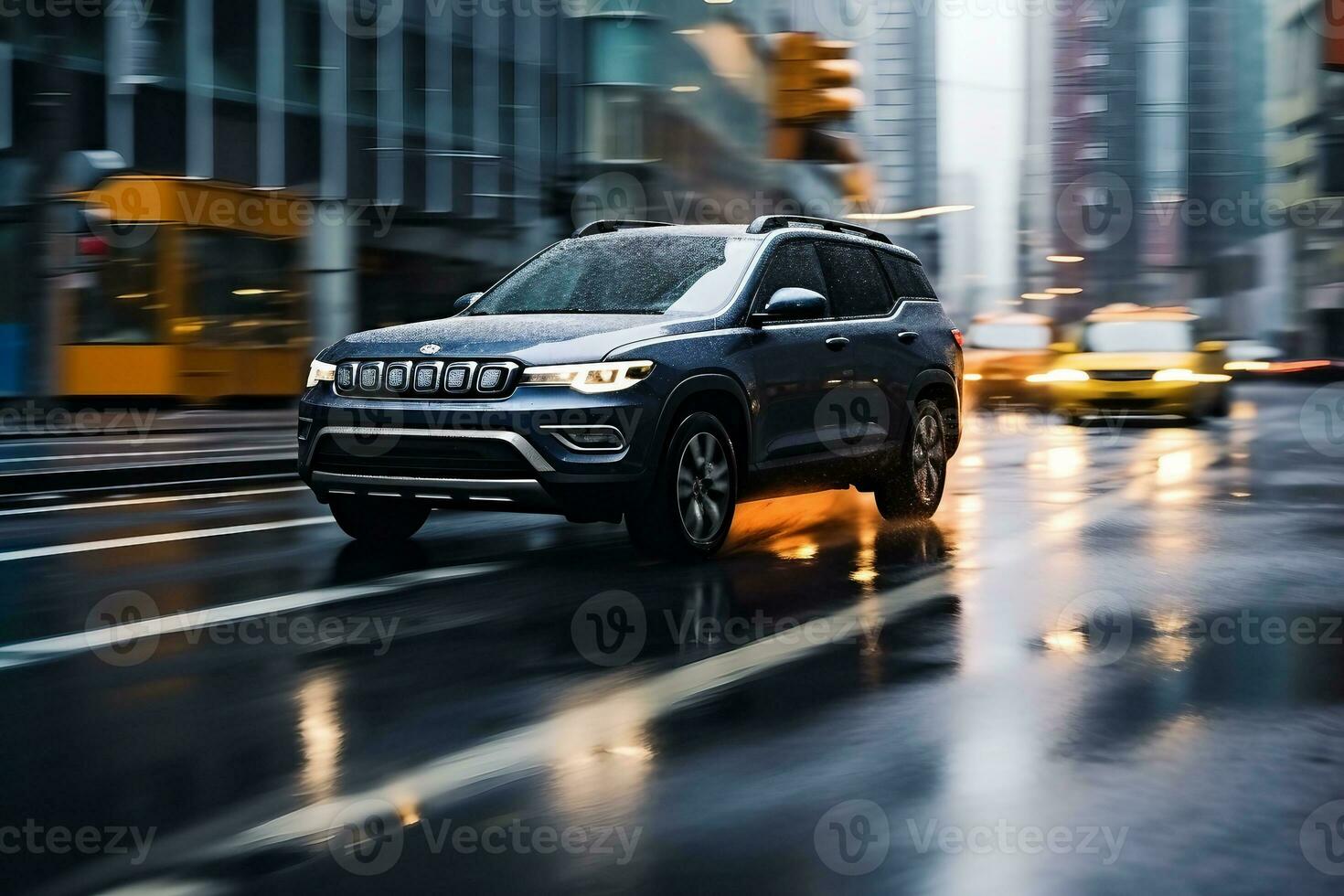 SUV vehicle car driving along wet slippery street in city with blurred background. generative ai. photo