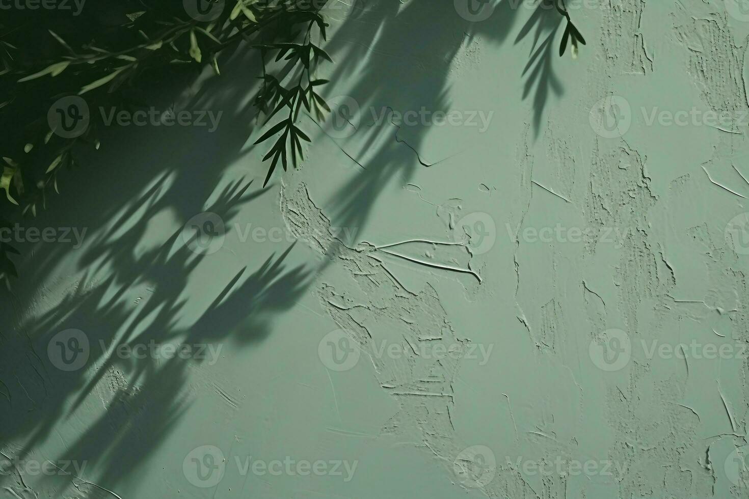 Abstract tree leaves shadows on gray green concrete wall texture with roughness and irregularities. Abstract trendy nature concept background. Copy space for text overlay. generative ai. photo