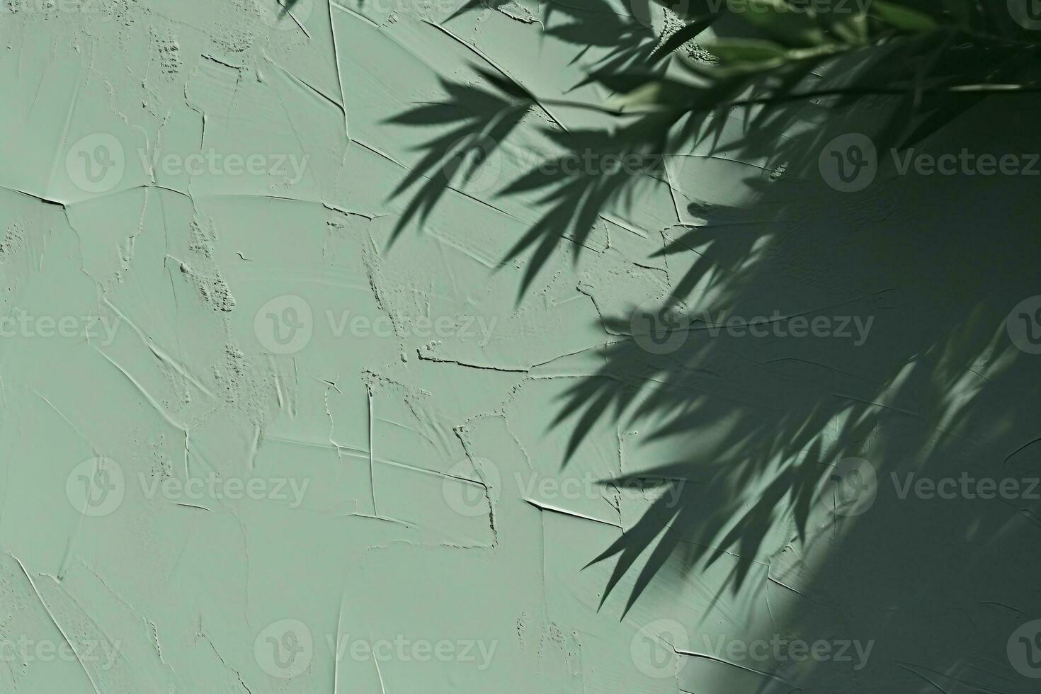 Abstract tree leaves shadows on gray green concrete wall texture with roughness and irregularities. Abstract trendy nature concept background. Copy space for text overlay. generative ai. photo