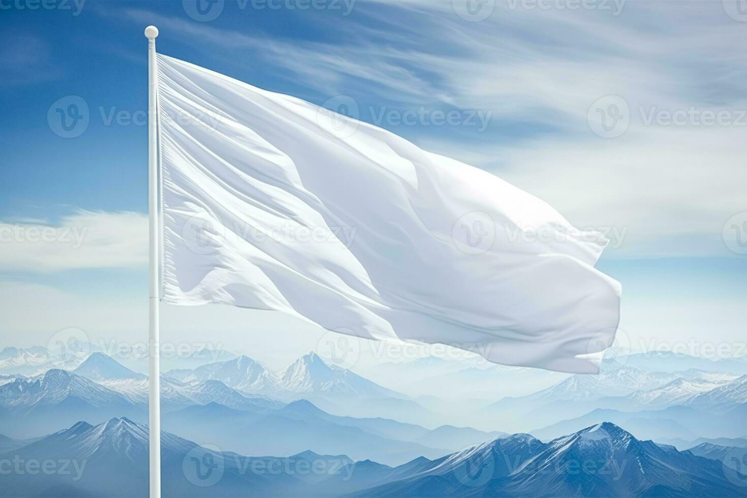 Mountain peak white flag fluttering in the wind isolated on a gradient background photo