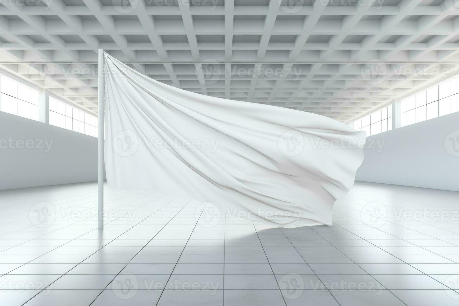 moderno Arte instalación presentando blanco bandera aislado en un blanco antecedentes foto