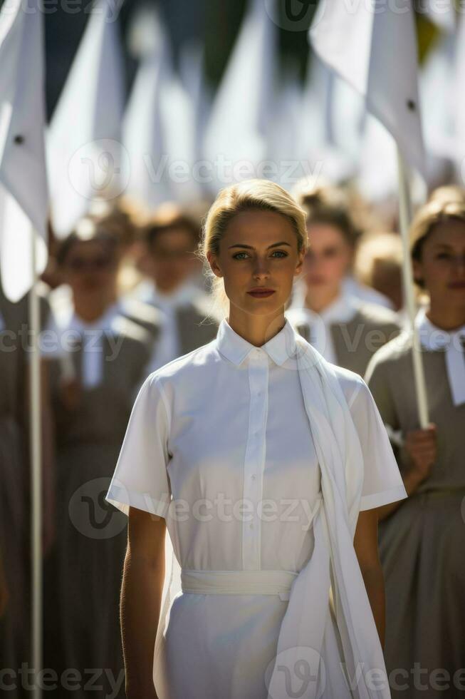White flag fluttering amidst historically clad participants in dignified ceremonies photo