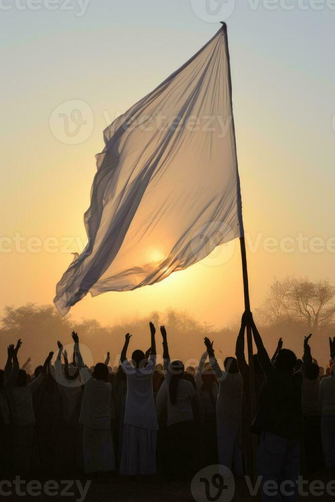 White flag fluttering amidst historically clad participants in dignified ceremonies photo