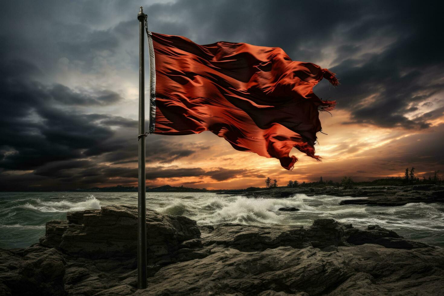 Surrender flag waving in wind beneath a stormy ominous sky photo