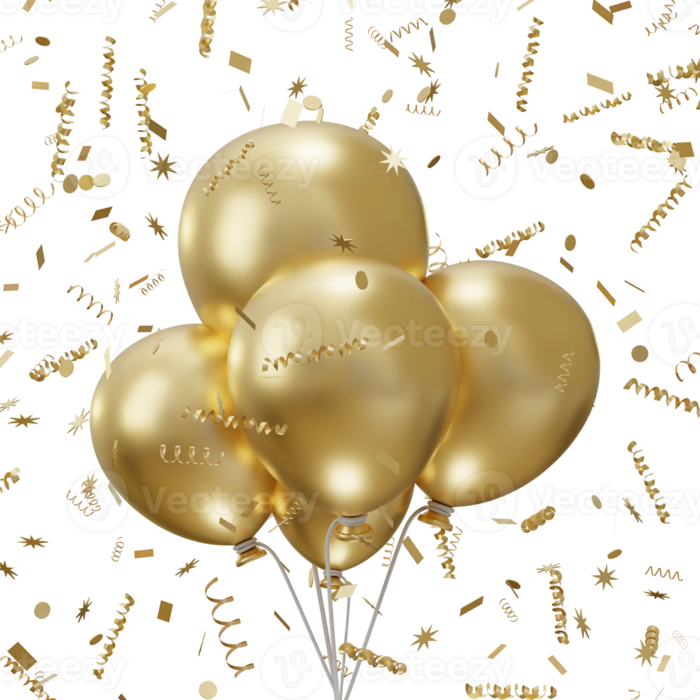 3d gouden ballon met confetti icoon illustratie png