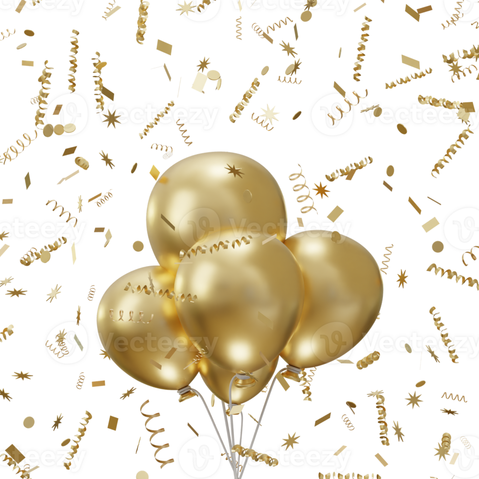 3d gouden ballon met confetti icoon illustratie png